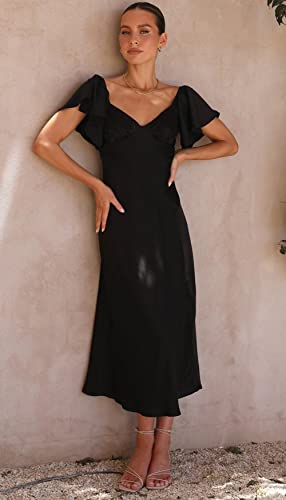 2025 Summer Women's Satin Off Shoulder Formal Dress Wedding Guest Elegant Butterfly Sleeve Split Cocktail Prom Midi Dresses2