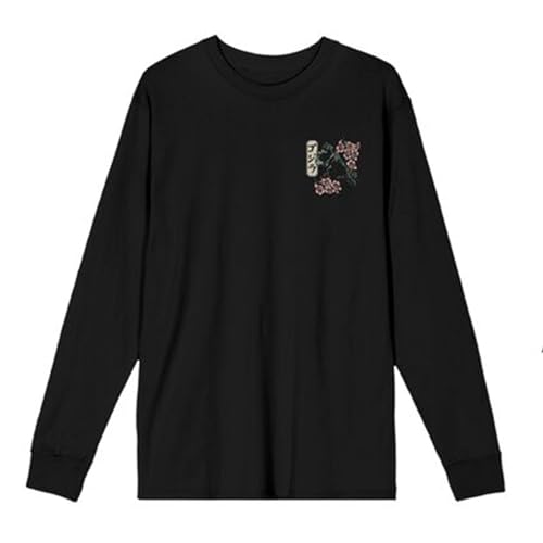 Godzilla Cherry Blossoms Front & Back Art Adult Black Crew Neck Long Sleeve Shirt-Medium