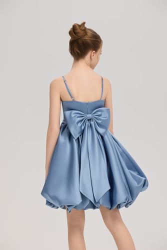 Spaghetti Straps Flower Girl Dress with Bow Satin Short Junior Bridesmaid Dress for Wedding Party Prom Gown for Kids4