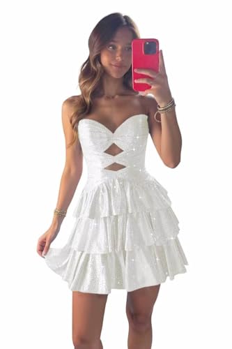 Sparkly Sequin Tiered Homecoming Dresses for Teens 2025 Cut Out Mini Prom Dress Strapless Cocktail Party Dress