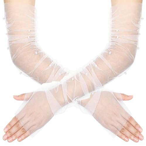 zeasciosd Women's Long Ruched Fingerless Gloves with Pearl Sheer Tulle Mesh Pearl Gloves for Wedding Bridal Opera Party White