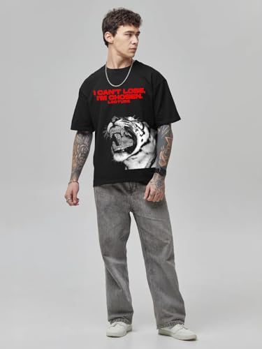Image of LEOTUDE Oversized Half Sleeve Cottonblend Graphic Print Round Neck Drop Shoulder Baggie Tshirt for Man (Color Black)