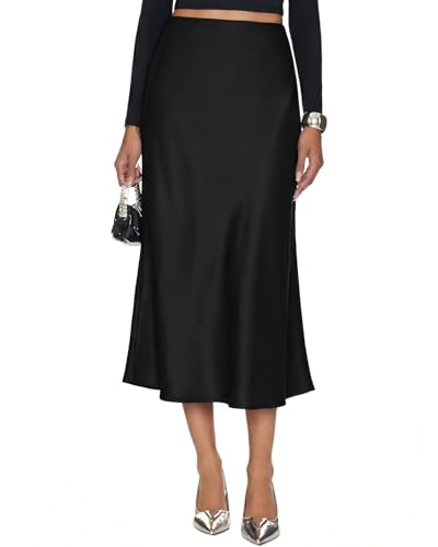 Women's Silk Satin Midi Skirt High Waisted A-Line