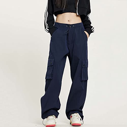 Yahuiul Cargo Pants Women, High Waist Baggy Parachute Pants For Women With Flap Pocket Relaxed Fit Straight Wide Leg Y2K Fashion 380 Navy Blue S #TOP3