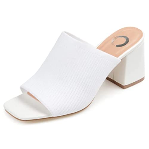 Journee Square Open Toe Chunky Block Heel Knit Slip-On Pump for Women - Lorenna Heeled Fashion Mule White, 9 Wide