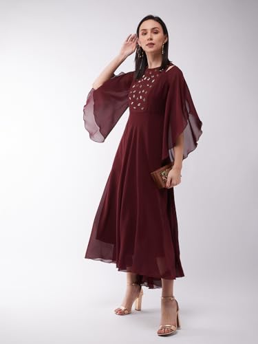 Image of Miss Chase Women's Round Neck Sleeve Embellished Fit Flare Maxi Dress