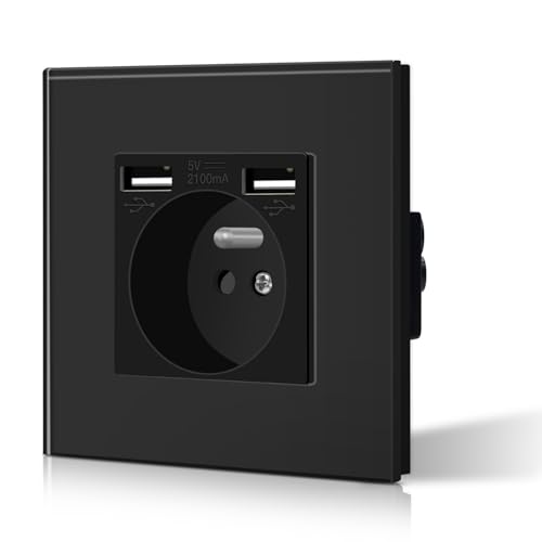 BSEED Prise de courant avec USB 2.1A, Prise Murale en verre cristal, Prise Encastrable pour Bureau Domicile 16Amp 240V 86mm Noir
