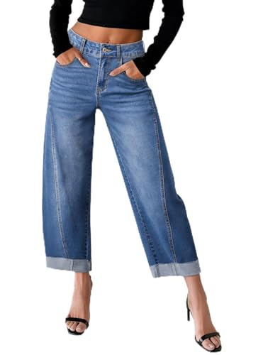 Image of Sidefeel Barrel Jeans for Women High Waisted Wide Leg Baggy Stretchy Trendy Raw Rolled Hem Capri Cropped Ankle Denim Pants