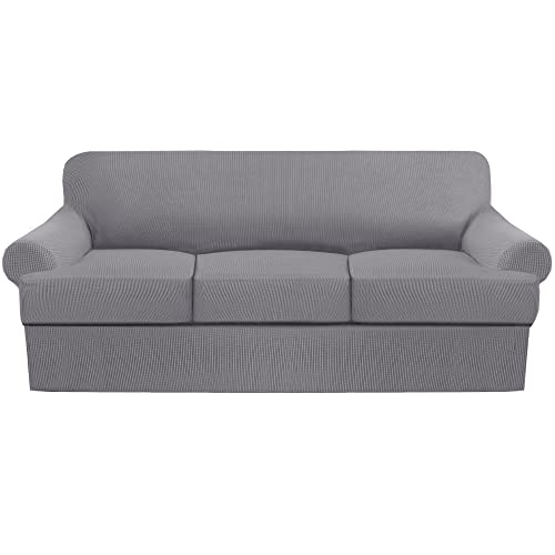 GAMUKAI Premium T-Cushion Sofa Slipcover – 4-Piece Set for T-Cushion Couches (Fits 72"-90") – Soft, Washable Furniture Protector with 3 T-Shaped Seat Covers (Light Grey, Sofa)