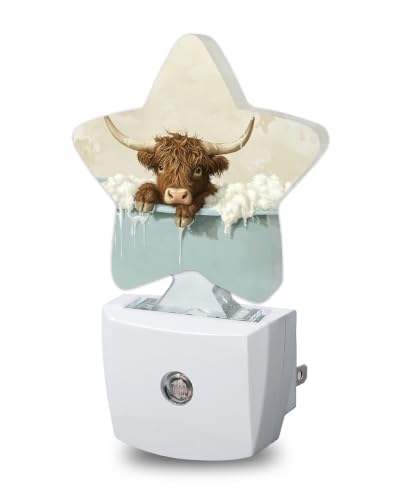 Image of Star Night Light with Dusk to Dawn Sensor, Cute Highland Cow Plug in Night Light for Kids Bedroom Nursery, Soft Warm Glow Lamp for Hallway Bathroom Energy Saving