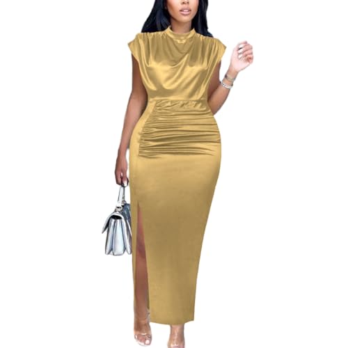 AOMEI Women's Sleeveless Pleated High Waist Ruched Slit Slim Elegant Long Satin Dress (Gold,L)