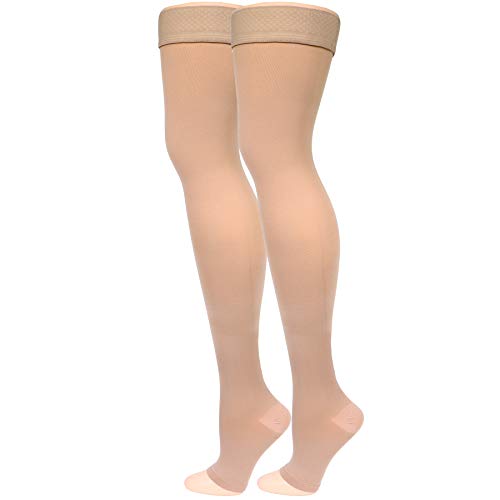 Image of NuVein Medical Compression Stockings, 15-20 mmHg Support, Soft Comfort Microfiber, Thigh Length, Open Toe, Beige, Medium