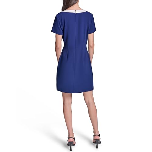 Image of Karl Lagerfeld Women's Short Sleeve V Neck Scuba Crepe A-line Contrast Framing Dress