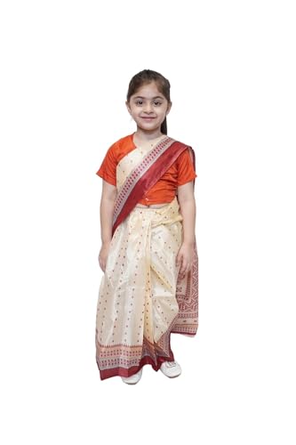 Image of Kaku Fancy Dresses Polyester Indian Ethnic Cream Color Saree Costume For Kids - 3-4 Years, For Girls