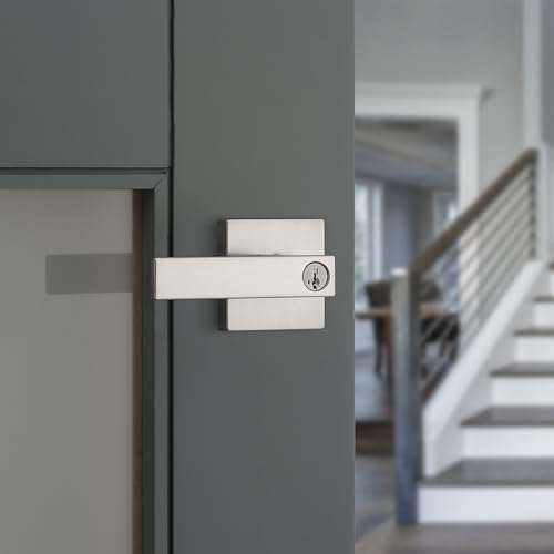 Image of Kwikset Singapore Entry Door Handle with Lock and Key, Secure Keyed Reversible Lever Exterior, For Front Entrance and Bedrooms, Satin Nickel, Pick Resistant Smartkey Rekey Security and Microban