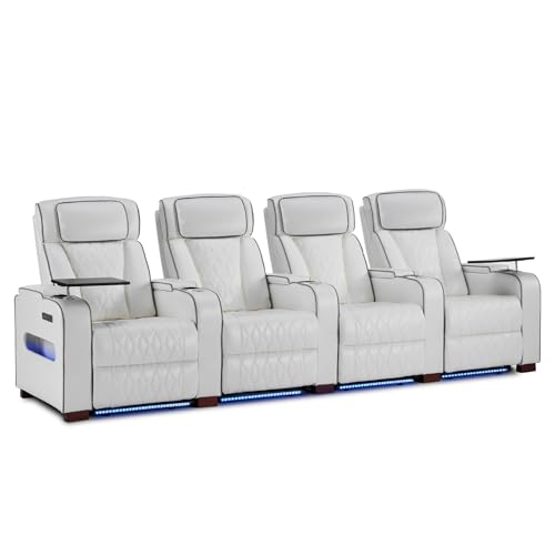 Image of Luxury Home Theater Seating - Power Recliner with Adjustable Headrests, Blue LED Ambient Lighting, Tray Table, USB & Type-C Charging (Pure White,4 Seat)