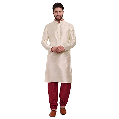 Image of SKAVIJ Men's Dupion Silk Regular Kurta Pajama Set Off-White XL