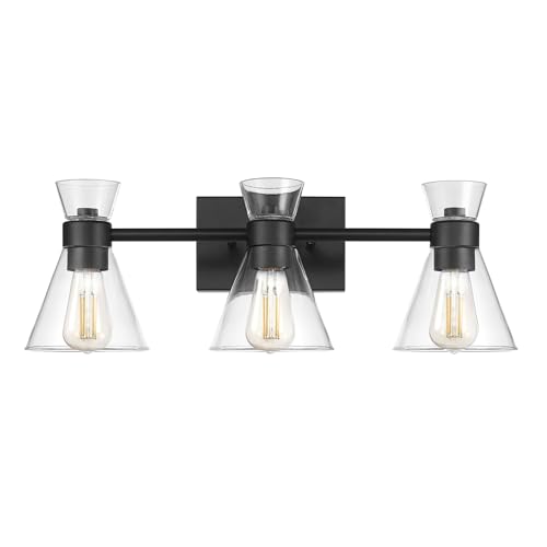 Image of Globe Electric 63000055 3-Light Vanity Light, Matte Black, Clear Glass Shades, Bathroom Lights Over Mirror, Lights for Bathroom, Powder Room Lighting, Makeup Mirror Lights, Home Decor, Bathroom Decor