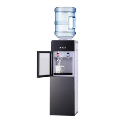 Top Loading Water Cooler Dispenser, Hot and Cold Water Cooler, Holds 3 & 5 Gallon Bottles, Removable Drip Tray & Storage Cabinet Perfect for Homes Offices Living Room Kitchen (Grey, with Glass Doors)