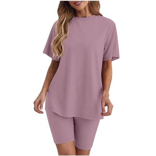 Conjunto de 2 piezas de pantalones cortos de motociclista para mujer, conjunto deportivo de verano, casual, manga corta, cuello redondo, conjunto de pantalones cortos y pantalones cortos, conjuntos de
