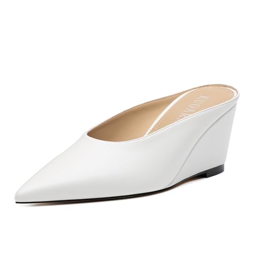 KUOARN Women's Pointed Toe Wedge Mules Slip on High Heel Closed Toe Pumps Comfortable 2.5 Inch Dress Shoes for Office Work Casual Professional Slide Shoes