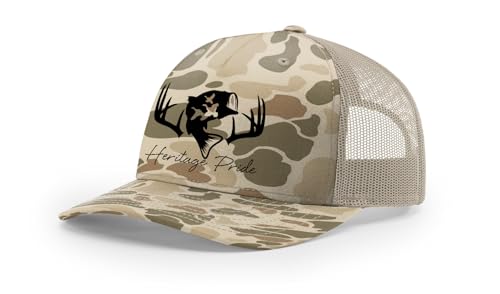 Image of Heritage Pride Deer Hunting Fishing Duck Hunt Mens Embroidered Mesh Back Trucker Hat, Harvest Duck Camo /Light Tan