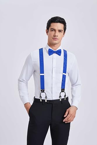 Image of HISDERN Suspenders for Men Paisley Floral Bow tie Suspender Pocket Square Sets Adjustable Y Shape 6 Clips Wedding Braces