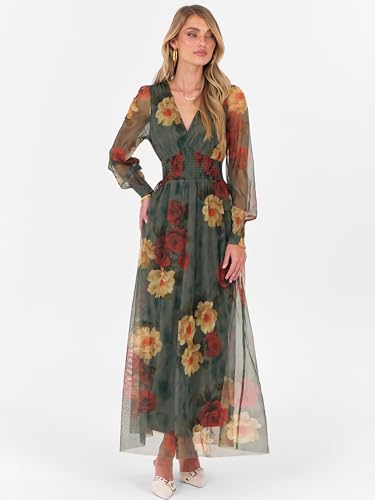 ANRABESS Women's Floral Maxi Dress 2025 Fall V Neck Puff Long Sleeve Flowy Casual Wedding Guest Tee Party Tulle Dresses4