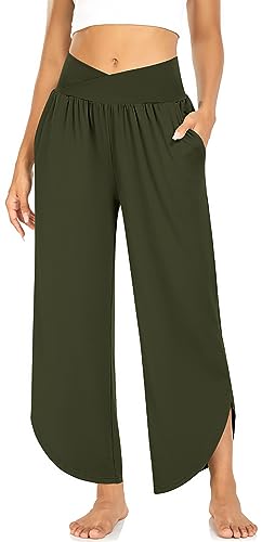 Image of TARSE Women's Wide Leg Yoga Pants Cross High Waist Flowy Split with Pockets | Comfy Lightweight Stretch, Flare Hem Cropped, Loose Dance Pants, Travel & Lounge, Everyday Casual Wear