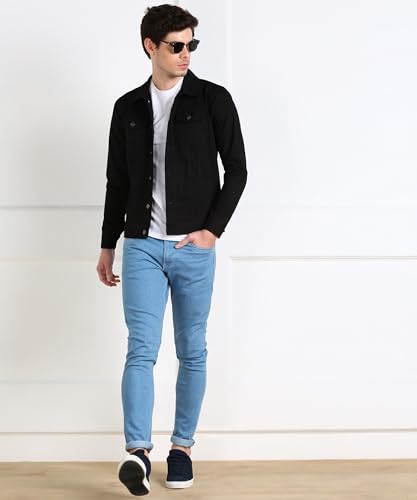 Image of MONTREZ Men Spread Collar Washed Lightweight Casual Denim Jacket (Black)