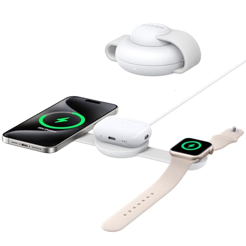 Anker Estación de Carga Inalámbrica 3 en 1 Compatible con MagSafe, Cargador MagGo de 15 W con Certificación Qi2, Base de Carga Plegable de Viaje para iPhone 16/15/14 Series, AirPods, Apple Watch y Más