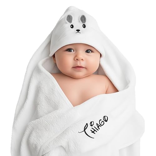 Gaosh Toalla Bebe con Capucha Personalizada con Nombre Capa Baño Bebe Albornoz Suave y Cómoda para Recién Nacidos Regalo para Bebé Recien Nacido Niño Niña (Blanco)