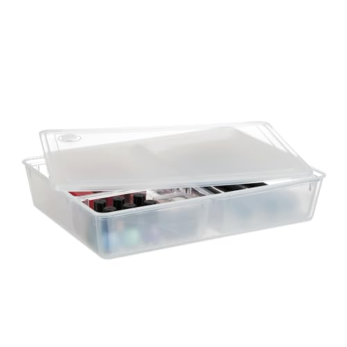 Relaxdays Aufbewahrungsbox mit Deckel, HBT 7 x 32 x 24,5 cm, 3 Fächer, Organizer Büro, Kosmetik, Kunststoff, transparent