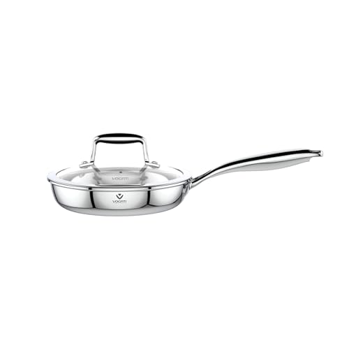 VOGATI FRY PAN 20CM TRY-PLY STAINLESS STEEL (2 LITRES) WITH GLASS LID -WELDED HANDLE-INDUCTION COMPATIBLE COVERED PAN-SHALLOW CASSEROLE - (100% PFOA FREE) (2 Litres)