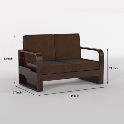 Image of Solid Sheesham Wooden 2 Seater Sofa for Living Room | Sofa with Side Pocket Storage & Cushion | Rosewood Sofa Set for Home (Walnut with Brown Cushion, 2 Seater)