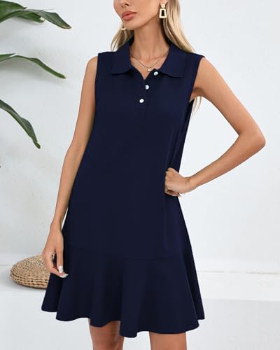 Image of YEXPINE Women's Sleeveless Polo Dress Ruffle Hem Lapel V Neck T-Shirt Summer Mini Dresses