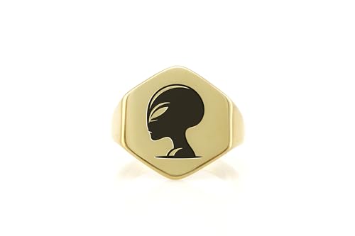 Bague de forme hexagonale gravée au design alien et science - 4