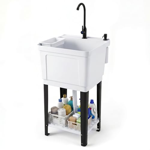Giantex Freestanding Utility Sink with Faucet & Drain Kit, 14.5 Gal Laundry Tub with Soap Dispenser,...