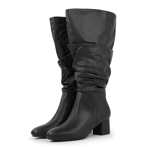 Women's Extra Wide Calf Dress Boots Slouchy Suede Boots with Block Heel4