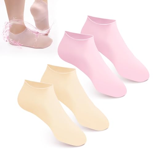 2 Pairs Silicone Moisturizer Socks, Foot Spa Pedicure Socks for Women Non-Skidding Aloe Socks Soft Gel Socks for Dry Cracked Heel Toes Feet Care (Pink, Beige)