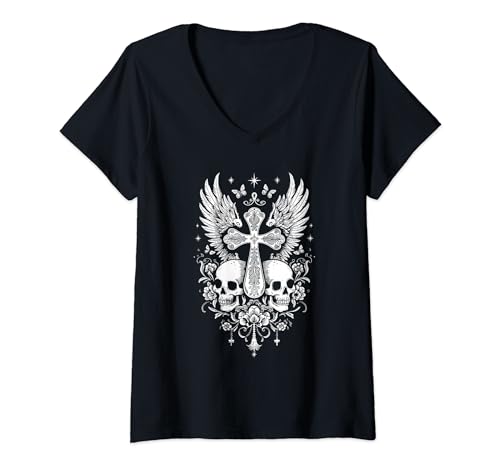 Femme Emo Y2K Grunge Aesthetic Goth Skull Cross Gothic Butterfly T-Shirt avec Col en V