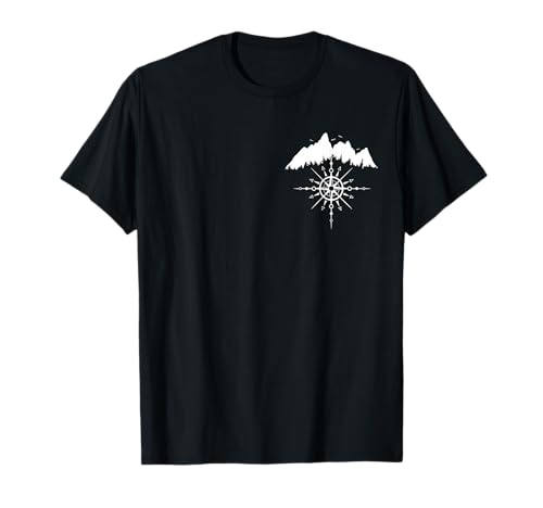 Silueta de montaña con rosa de los vientos para Wanderlust Camiseta