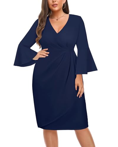 Women Plus Size Work Dress - Semi Formal Wedding Guest Church Business Office Interview V Neck Bell Sleeve Dress2