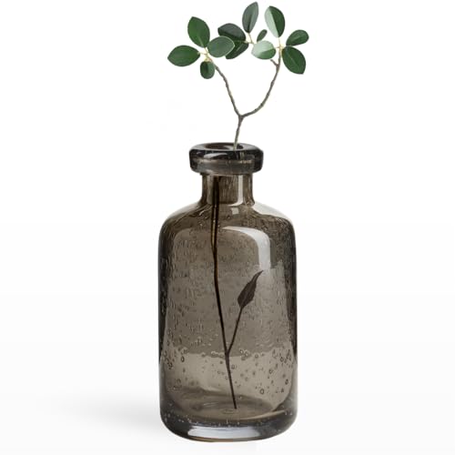 Torre & Tagus 6" Solid Gray Glass Vase for Flowers & Reed Diffuser Bottle, Mouth Blown & Watertight Clear Black Vases for Modern Home Decor, Small Bud Vases For Shelf, Bookcase, or Wedding Gift (Tito)