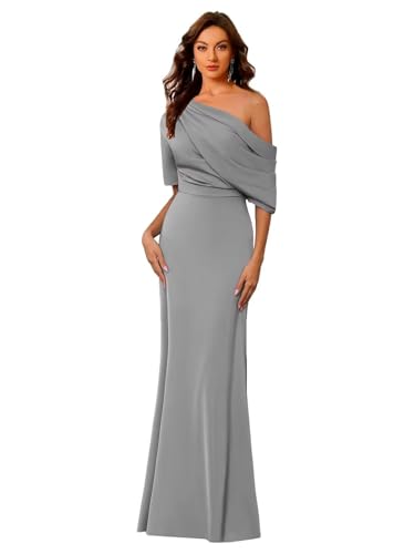 Image of Mermaid Satin Mother of The Bride Dresses for Women Elegant One Shoulder Ruffle Long Formal Evening Gown