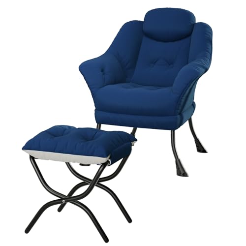 Lazy Chair with Ottoman - Modern Living Room Chairs for Small Spaces, Ergonomic Reading Chair with Armrests, Comfy Chair with Ottoman for Bedroom & Living Room, Blue