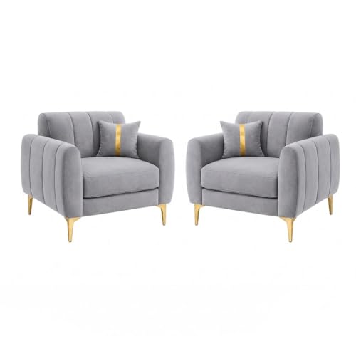 Image of Hermione Luxe Velvet-Suede Fabric 3 Seater + 1 Seater + 1 Seater Sofa Set | Golden Legs | Comfortable & Spacious Seating | Modern Sofa Set for Living Room - Light Gray