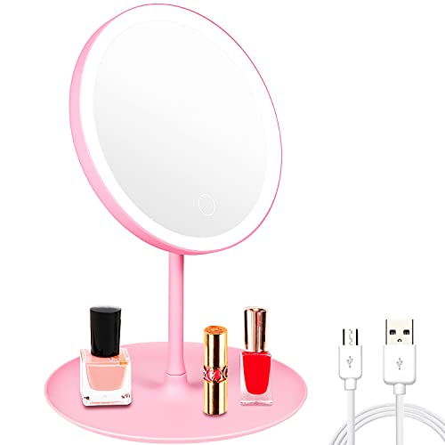 Didarenba Espejo Maquillaje con luz con Carga USB 3 Niveles de Brillo rotacion 90º con Espejo de Mano pequeño Espejo tocador Espejo con luz Espejo led Rosa Cover