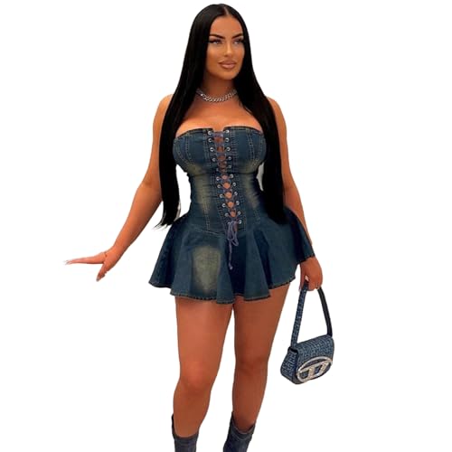 Sexy Tube Denim Dress Corset Strapless Ruffled Hem Jean Mini Dress2