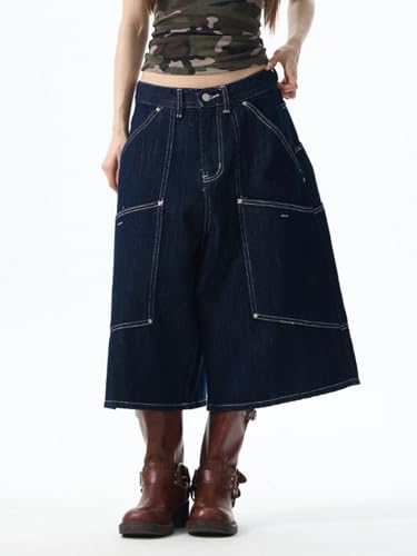 CUTEGAL Cargo Jorts Baggy Cropped Jeans Y2k Capri Pants Grunge Fashion Casual Wide Leg Streetwear Men Unisex (Blue,L)2